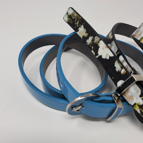 KENNETH COLE REACTION SET OF 2 SKINNY BELTS PEACOCK BLUE BLACK FLORAL WOMEN M - Picture 15 of 15